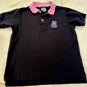 Psycho Bunny boys polo black polo shirt with lavender accents. Size small 7/8.